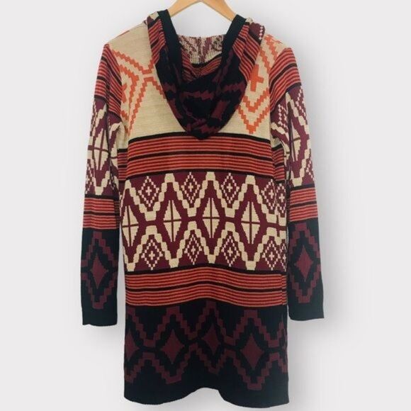 SAY WHAT? Boho Knit Hooded Open Front Southwestern Cardigan XS Tan Multi - Picture 3 of 10